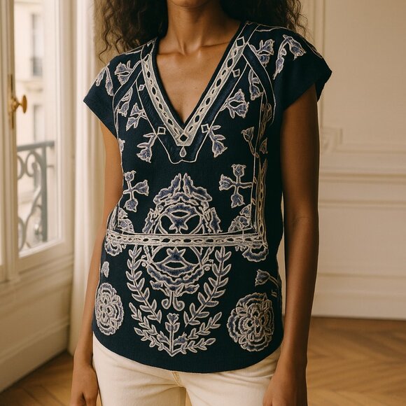 Tory Burch Navy Embroidered Short Sleeve V Neck Jory Knit  Sweater Small - Picture 1 of 8